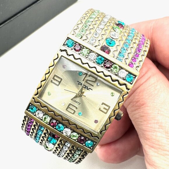 POV Womens Watch Multi Crystal Bronze Tone Hinged Bangle Bracelet NIB - Picture 5 of 6